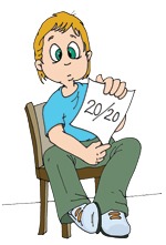 Cartoon of boy holding paper saying "20/20"