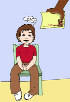 Cartoon of child reading a notecard being held in front of them