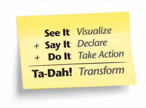 Sticky note with "See It, Visualize + Say It, Declare + Do It, Take Action = Ta-Dah! Transform"